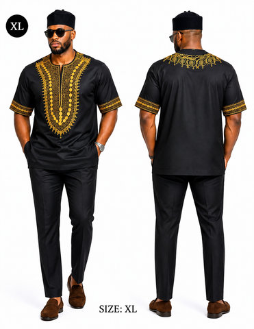 FloFlourish Royal Gold Embroidered Men’s Senator Set – Black | XL