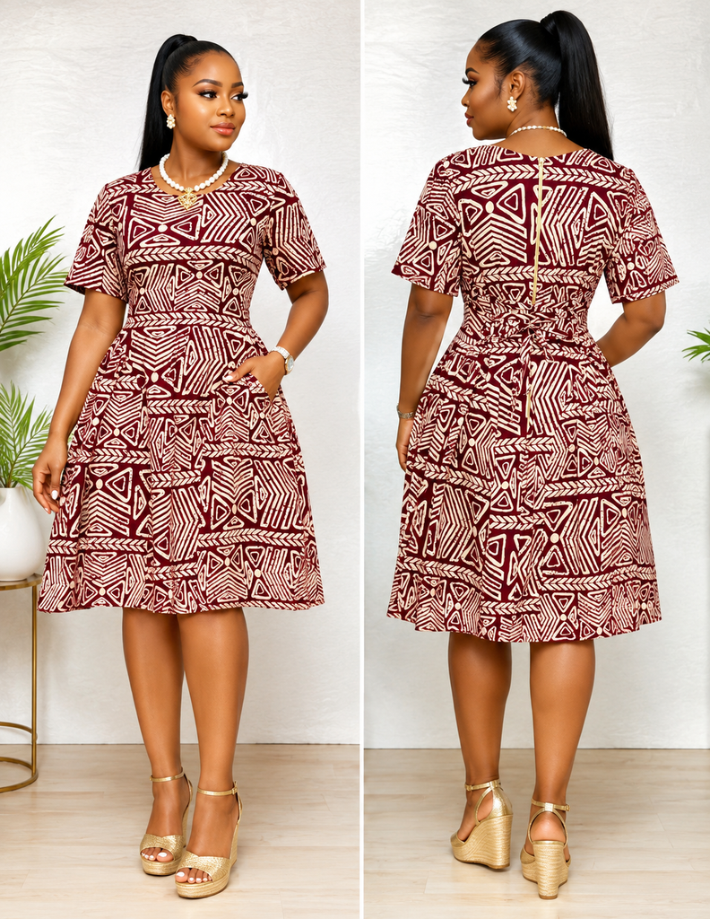 Burgundy & Ivory Heritage Print Fit-and-Flare Dress