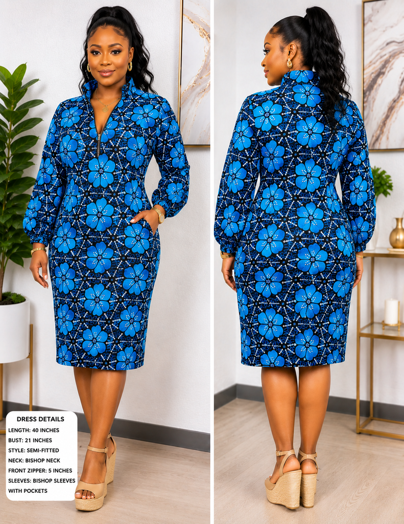 FloFlourish Royal Blue Blossom Bishop-Neck Midi Dress