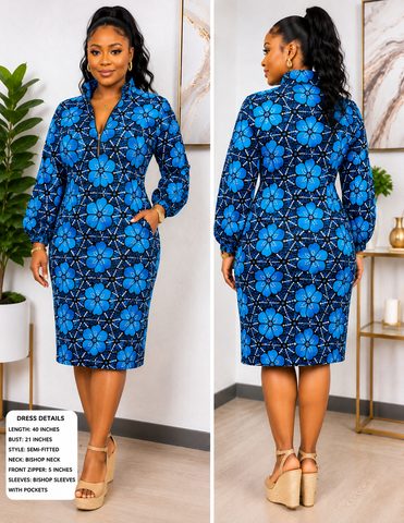 FloFlourish Royal Blue Blossom Bishop-Neck Midi Dress