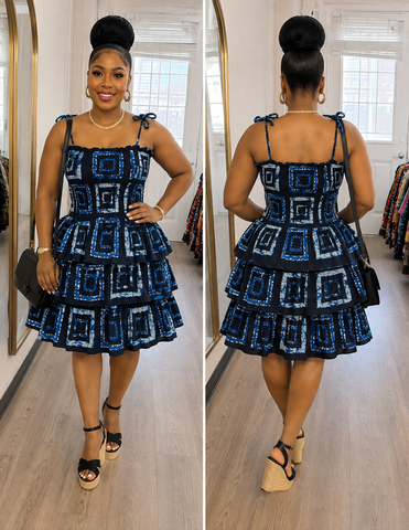FloFlourish Chic Black & White Ankara Tiered Smocked Dress