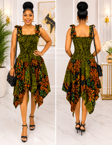 FloFlourish Vibrant Ankara Smocked Handkerchief Dress