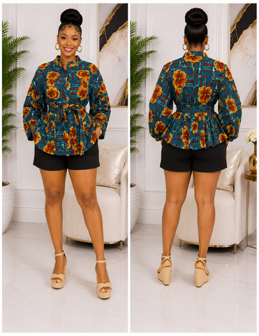 FloFlourish Teal Floral Ankara Bishop-Neck Belted Peplum Top