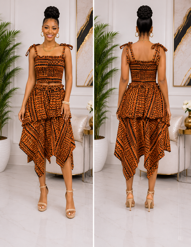 FloFlourish Sunset Orange Ankara Smocked Crop Top & Handkerchief Skirt Set