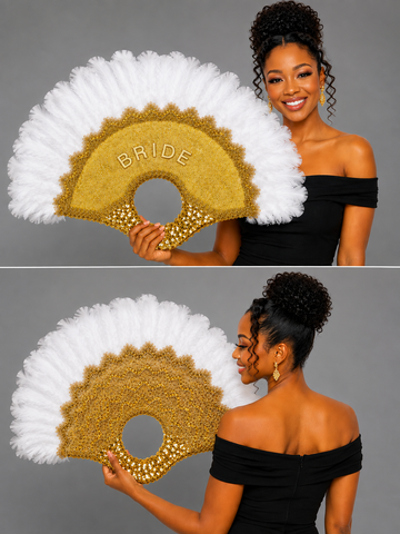 FloFlourish Couture Royal White Feather Bridal Hand Fan – Gold Embellished