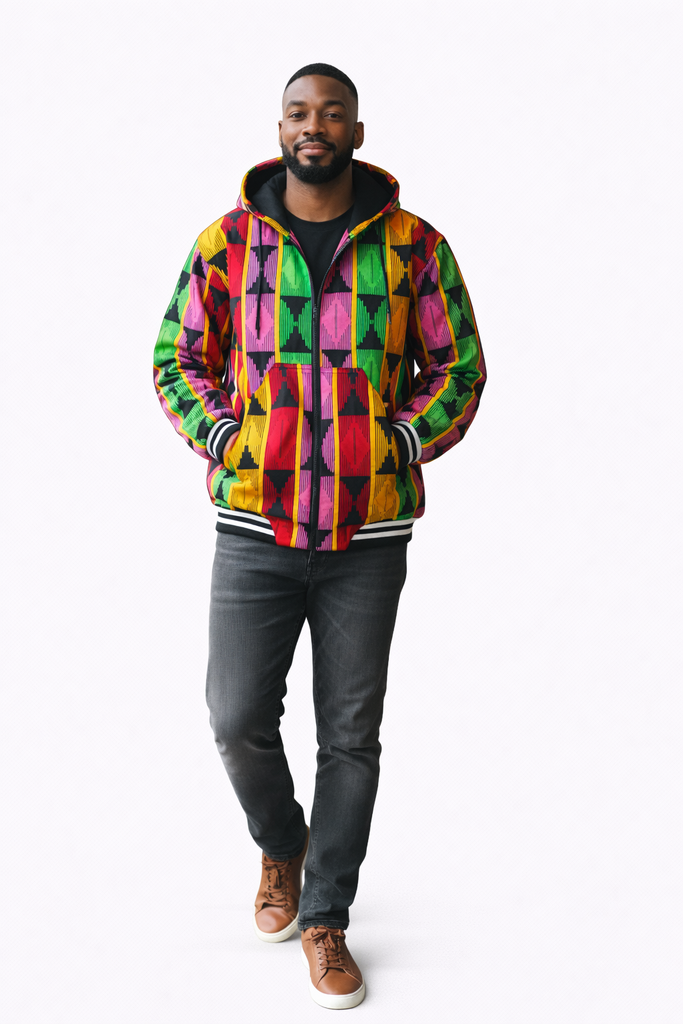 Vibrant Kente Design Print Hooded Zip-Up Jacket