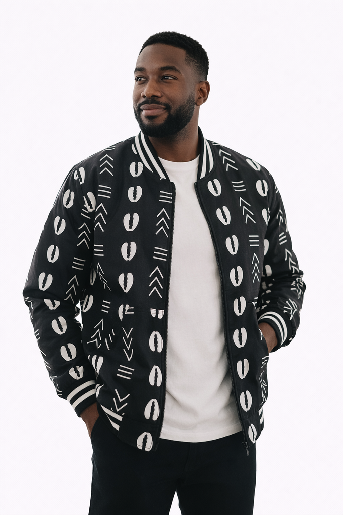Black and White Ankara Print Bomber Jacket