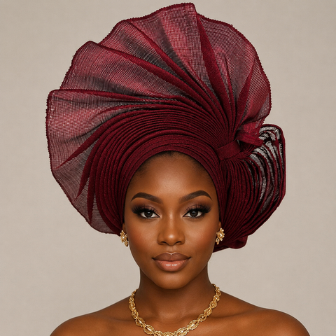 Burgundy Auto Net Aso-Oke Gele – Luxury Sculpted Statement Headpiece