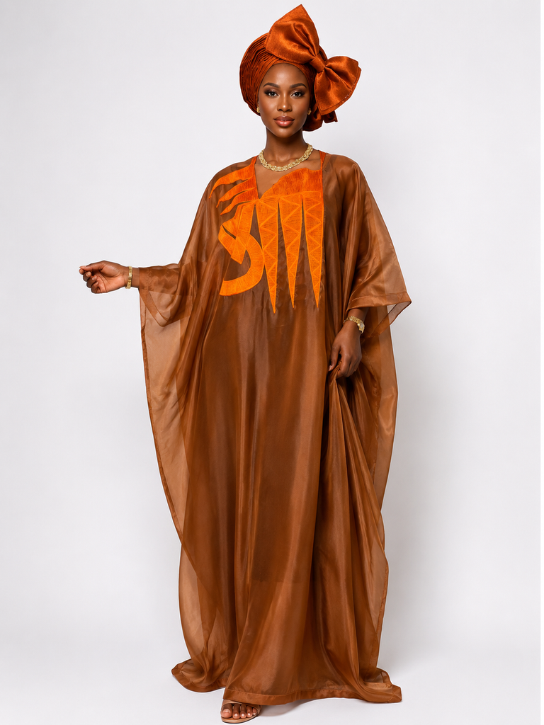 FloFlourish Cocoa Silk Kaftan with Vibrant Orange Woven Panel