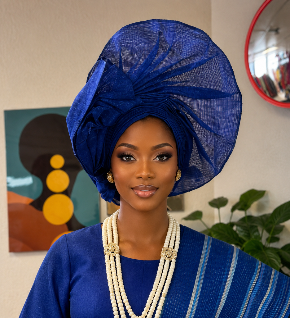 Royal Blue Auto Net Aso-Oke Gele – Elegant Ready-to-Wear Statement Headpiece
