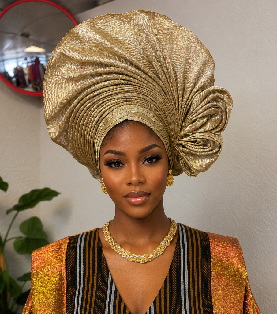Champagne Gold Auto Net Aso-Oke Gele – Luxury Ready-to-Wear Statement Headpiece