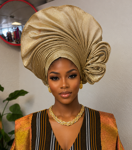 Champagne Gold Auto Net Aso-Oke Gele – Luxury Ready-to-Wear Statement Headpiece
