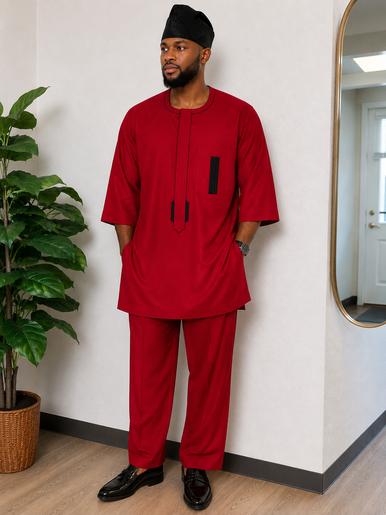 FloFlourish Crimson Red 3/4 Sleeve Senator Set with Black Accent Detail