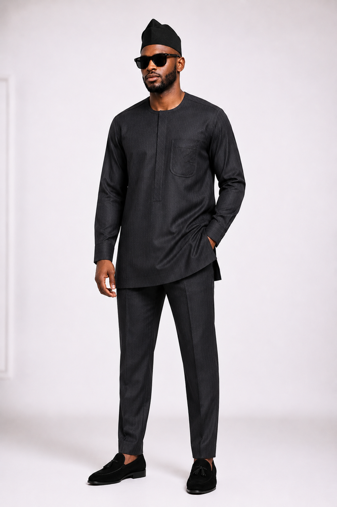 Faded Black Pinstripe Senator Set with Signature Chest Pocket  Description