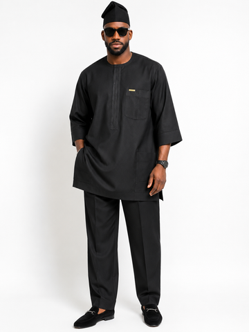 Premium Loose-Fit Black Senator Set with Utility Pocket Design