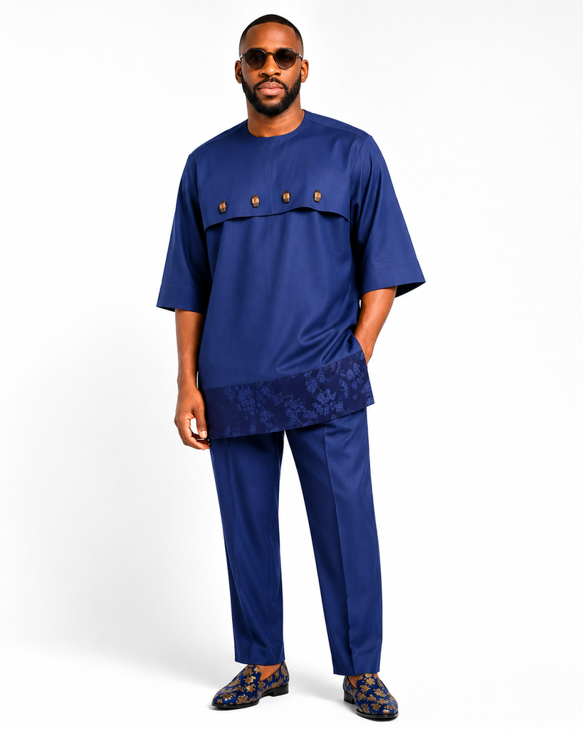 Men's Luxe Navy Blue Silk 3-Quarter Traditional Set with Statement Flap