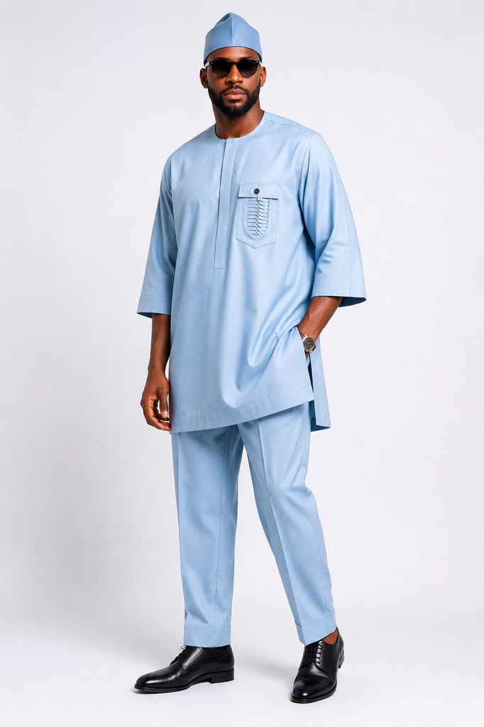 Men's Sky Blue Luxury 3-Quarter Senator Set with Pleated Statement Pocket