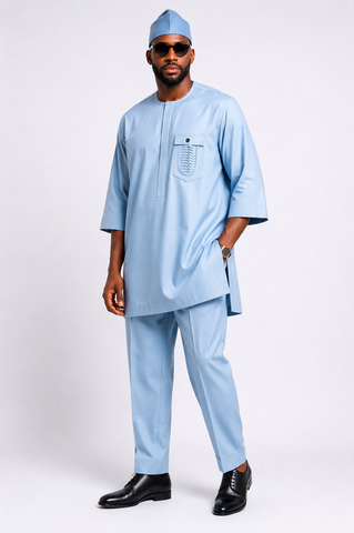 Men's Sky Blue Luxury 3-Quarter Senator Set with Pleated Statement Pocket
