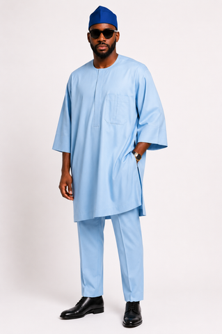 Men's Sky Blue Executive Free-Fit 3-Quarter Senator Set with Pleated Pocket Detail