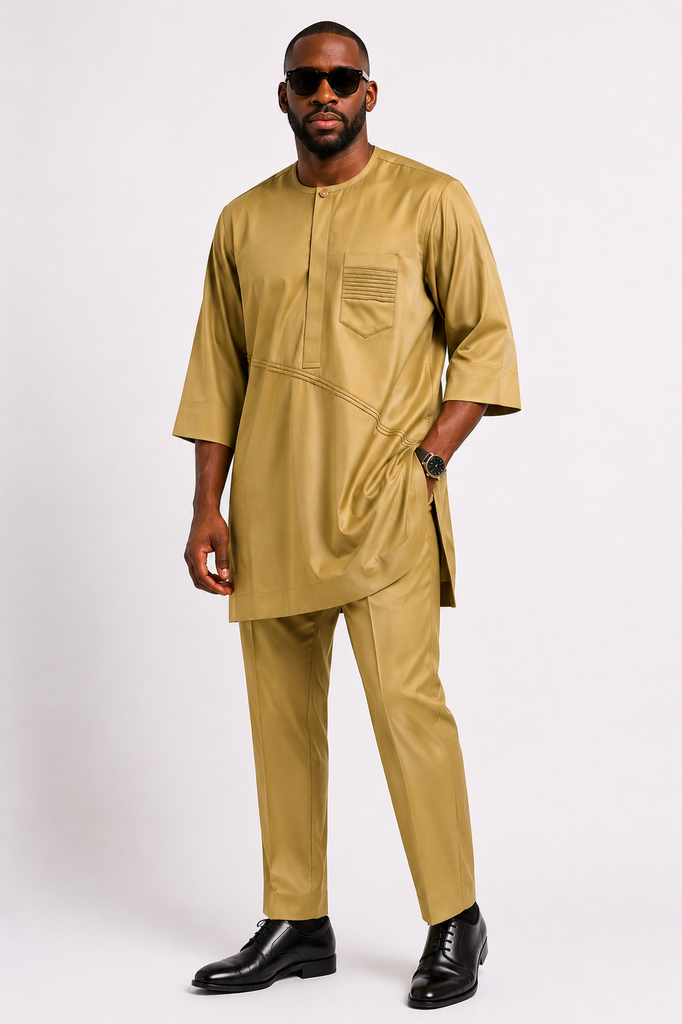 Men's Golden Viscose Luxury Free-Fit 3-Quarter Senator Set