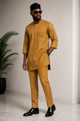 Men's Rust Yellow Premium Pinstripe Senator Set with Statement Pocket