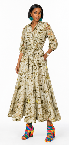 Earth-Tone Tie-Dye Flared Wrap Maxi Dress