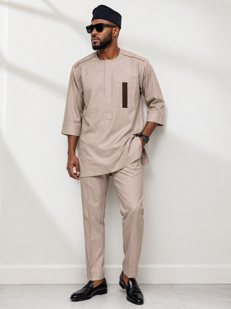 Beige Signature Free-Style Senator Set with Bold Chest Accent