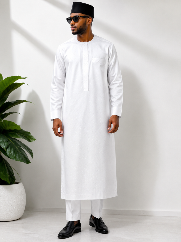Imperial White Luxury Kaftan Set with Dotted Texture