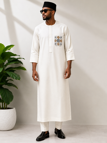 Royal Cream Luxury Kaftan Set with Heritage Pocket Detail
