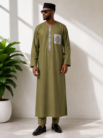 Olive Heritage Luxury Kaftan Set with Artisan Embroidered Detail