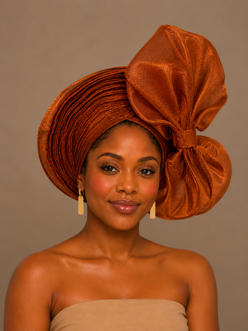 Copper Glow Auto Organza Net Gele – Side Big Bow (Right Front)