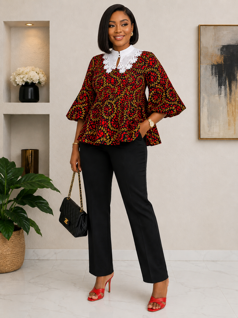 Red & Gold Ankara Peplum Top with White Bishop Lace Collar