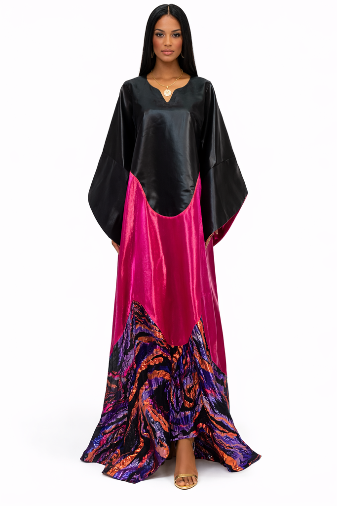 Black &amp; Fuchsia Satin Kaftan Dress