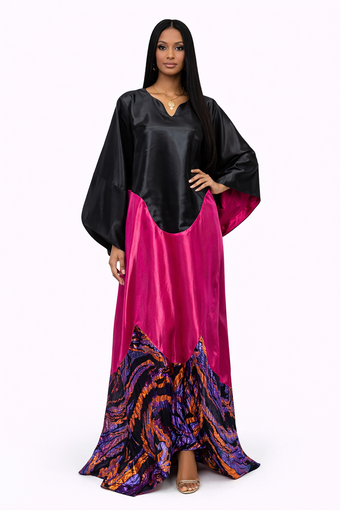 Black & Fuchsia Satin Kaftan Dress