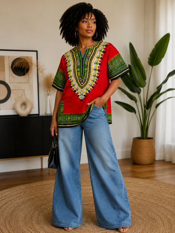 African Dashiki Top – Traditional Print Oversized Shirt for Men & Women