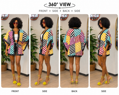 Multicolor Batwing Rope-Front Kimono Top