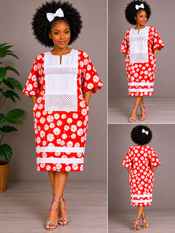 Red Radiance Lace Patch Tie & Dye Pocket Dress