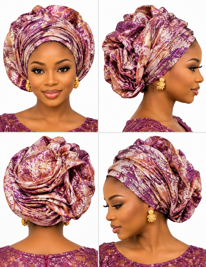 Royal Blush Metallic Auto Gele – Ready-to-Wear