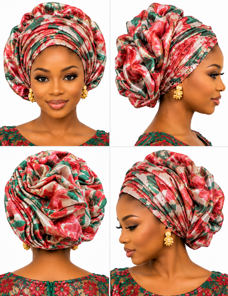Emerald & Coral Floral Metallic Auto Gele – Ready-to-Wear