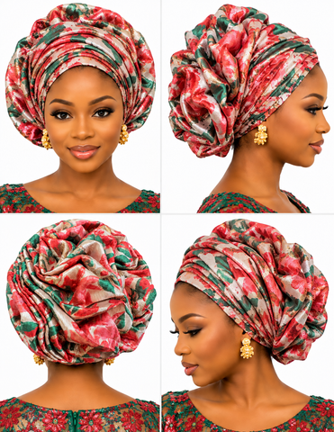 Emerald & Coral Floral Metallic Auto Gele – Ready-to-Wear