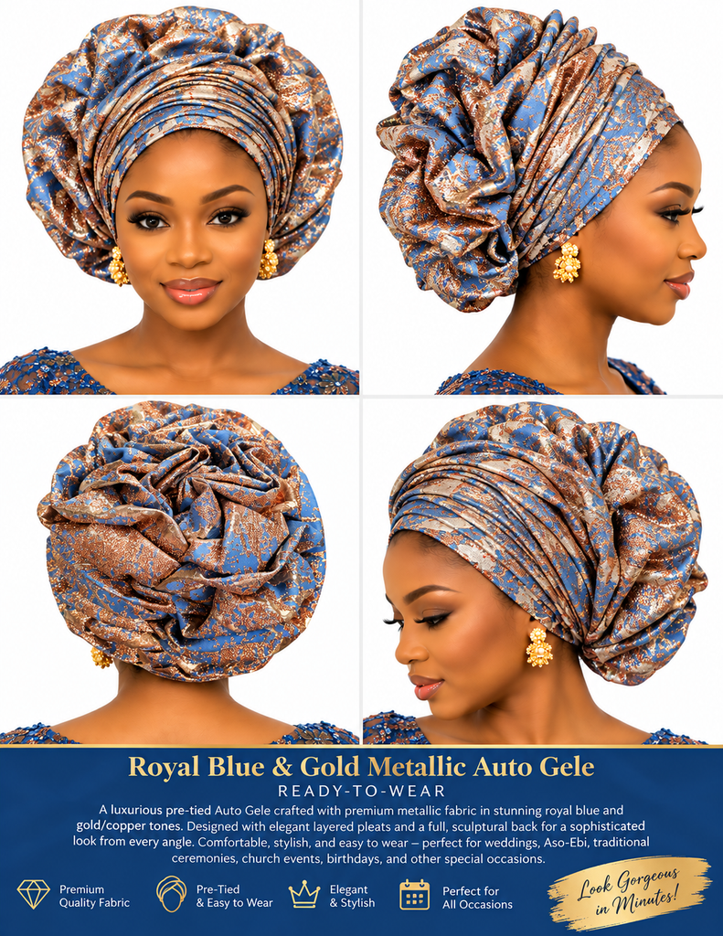Royal Blue & Rose Gold Metallic Auto Gele – Ready-to-Wear