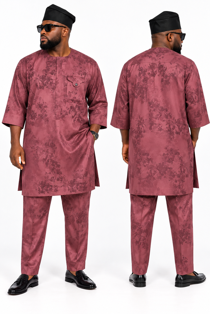 Maroon Floral Jacquard 3/4 Sleeve Men’s Senator Set