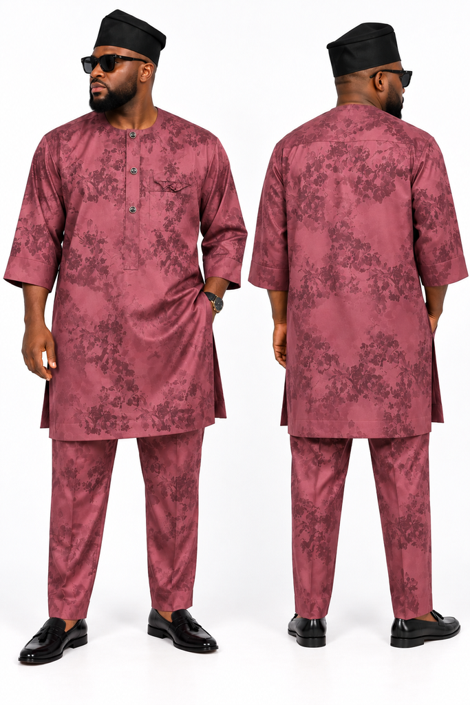 Maroon Floral Jacquard 3-Button Loose Senator Set
