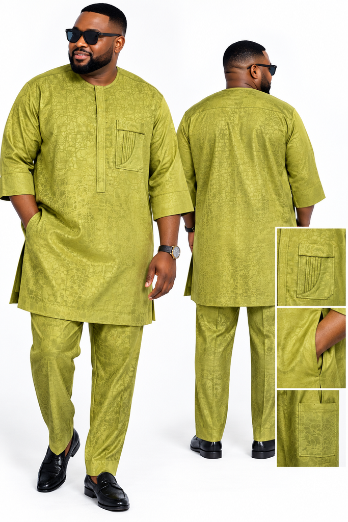 Men’s Olive Green Jacquard Loose Buba & Pant Set