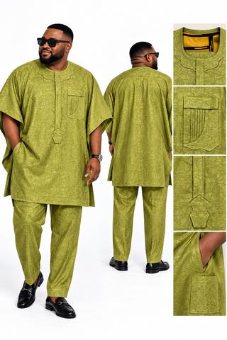 Men’s Olive Green Jacquard Butterfly Danshiki & Pant Set