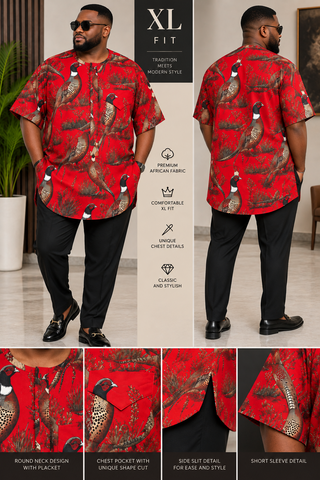 Men’s Red Pheasant Print Igbo Traditional Top – XL