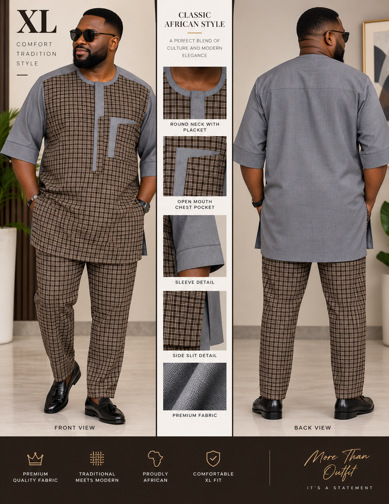 Men’s Gray & Brown Checker Polished Cotton Senator Set – XL