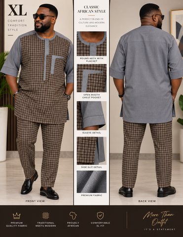 Men’s Gray & Brown Checker Polished Cotton Senator Set – XL