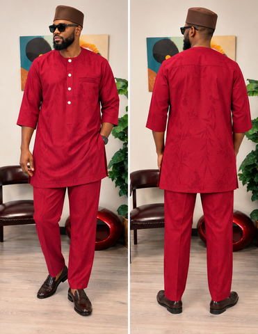 Royal Crimson Jacquard 3/4 Sleeve Senator Set