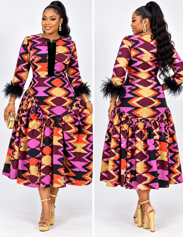 FloFlourish Regal Ankara Feather-Cuff Flare Dress